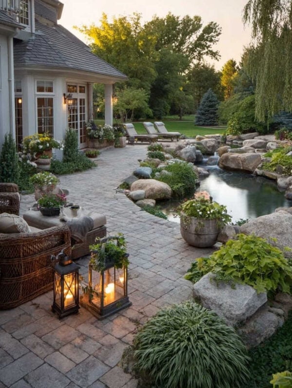 Beautiful backyard oasis with lush landscaping and outdoor seating, flower pots and planters - jane at home