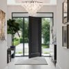 Beautiful modern entryway with black door framed in glass and beautiful chandelier - foyer - entryway ideas - modern home -M. Lahr Homes -